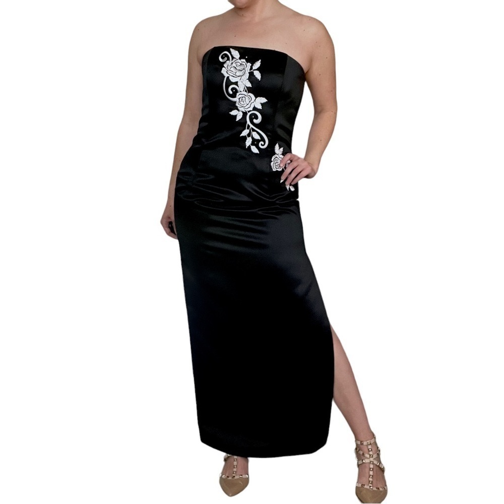 Jessica McClintock x Gunne Sax Strapless Black Formal Dress White Rose VTG 90’s